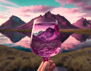 Goblet of pink drink reflecting the mountains