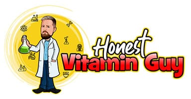Honest Vitamin Guy logo. The Honest Vitamin Guy in a lab coat holding a science beaker filled with green liquid and surrounded by science and natural science icons.